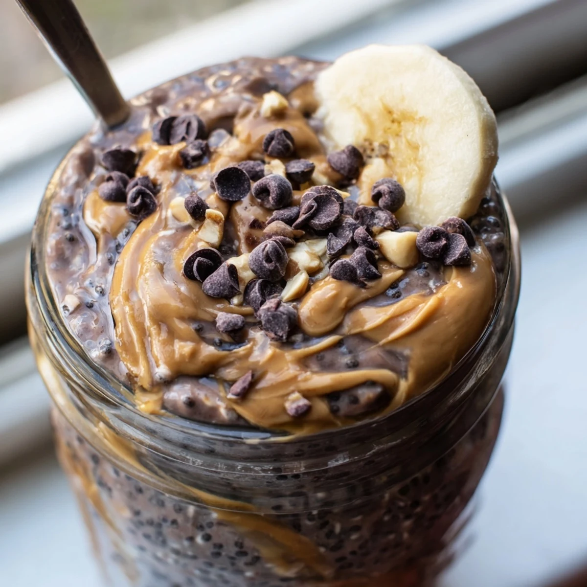 Thick chocolate peanut butter overnight oats served chilled with sliced banana and chopped peanut garnish
