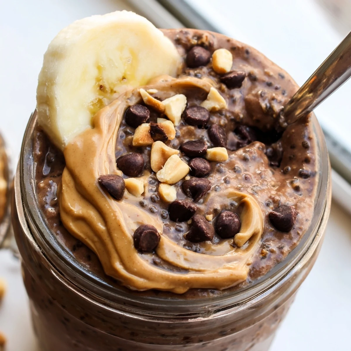 Creamy chocolate peanut butter overnight oats in a mason jar topped with chocolate chips and peanuts