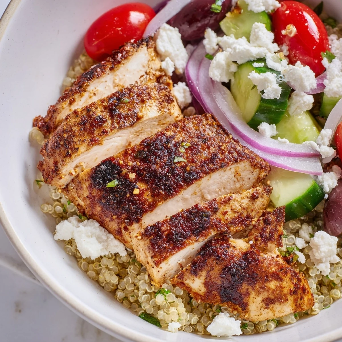 Mediterranean Chicken Quinoa Bowl topped with juicy grilled chicken and fresh vegetables