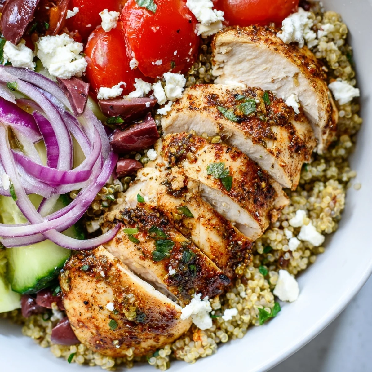 Colorful Mediterranean Chicken Quinoa Bowl with crumbled feta and zesty lemon dressing