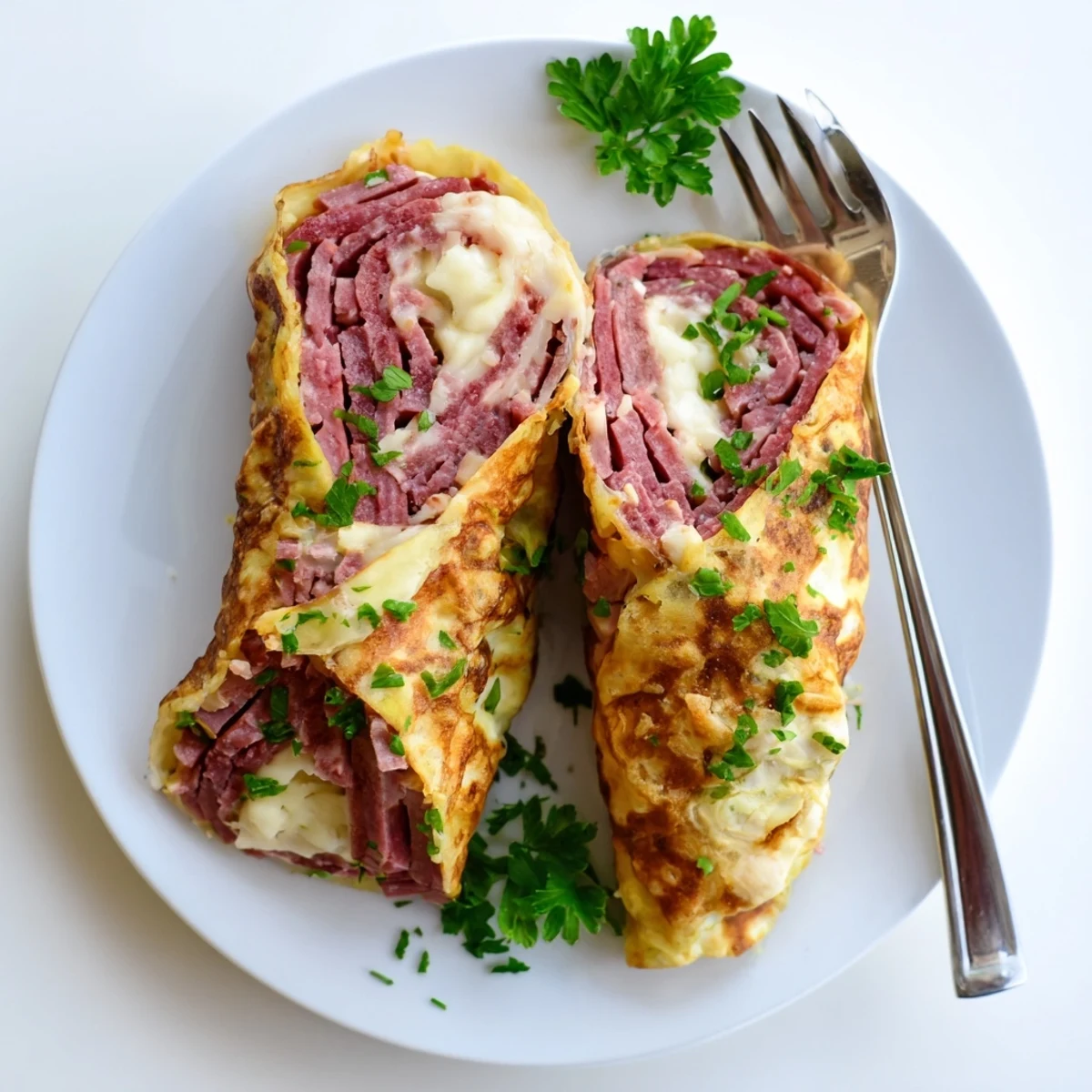 Golden low carb Reuben egg roll ups stuffed with corned beef and melted Swiss cheese