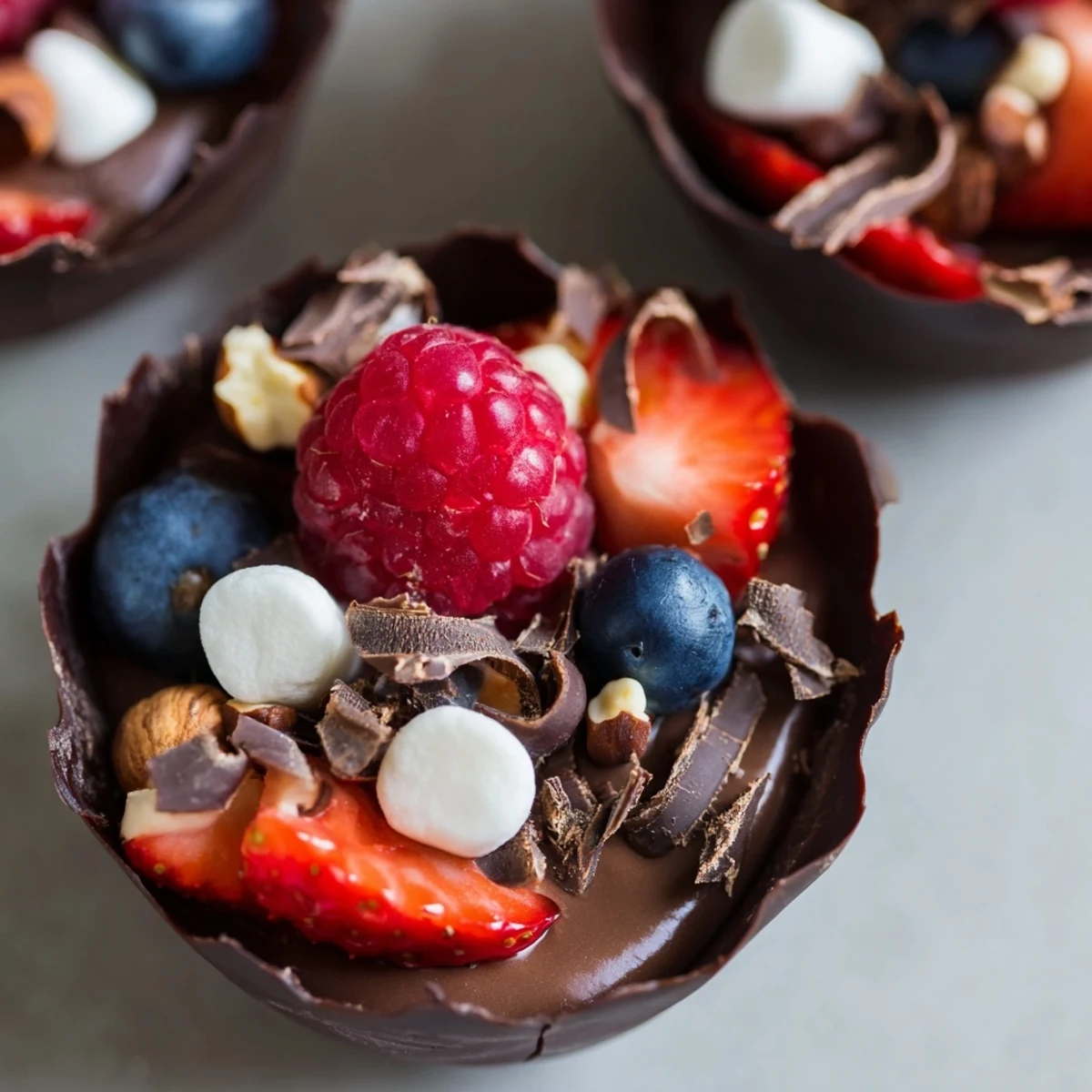 Decadent chocolate grazing cups filled with silky mousse and topped with fresh berries