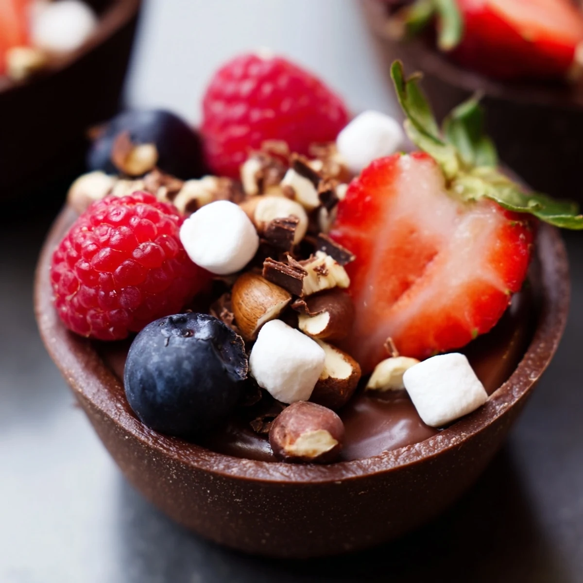 Rich chocolate grazing cups garnished with crunchy nuts, berries, and chocolate curls
