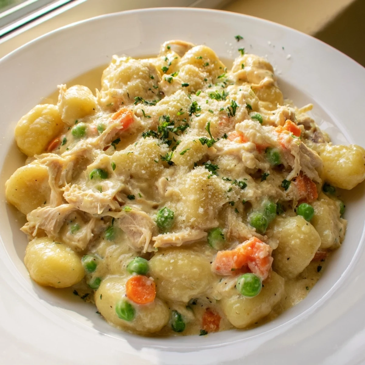 Creamy one pot gnocchi chicken pot pie in a rustic skillet with tender vegetables and golden sauce