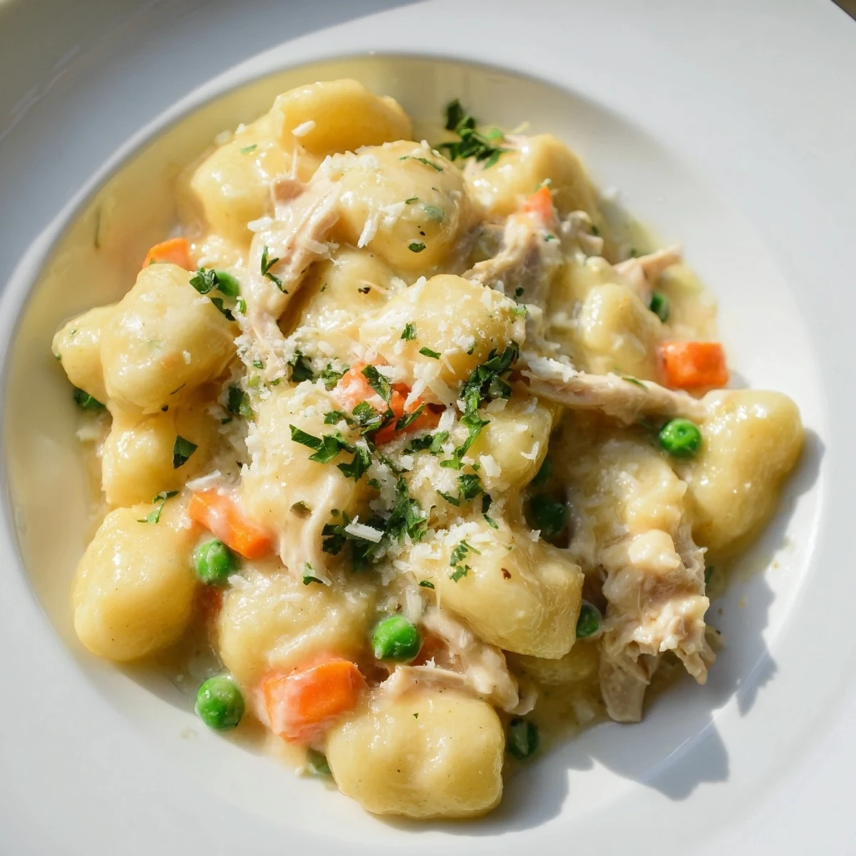 Hearty one pot gnocchi chicken pot pie topped with fresh parsley in a white bowl