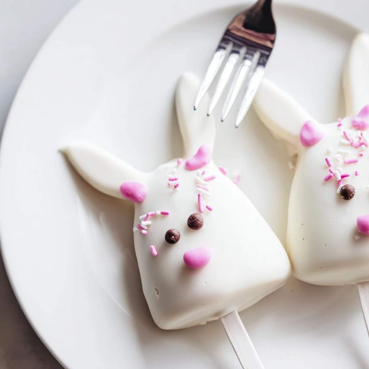 Adorable white chocolate bunny cakesicles with candy eyes and pink ears on sticks