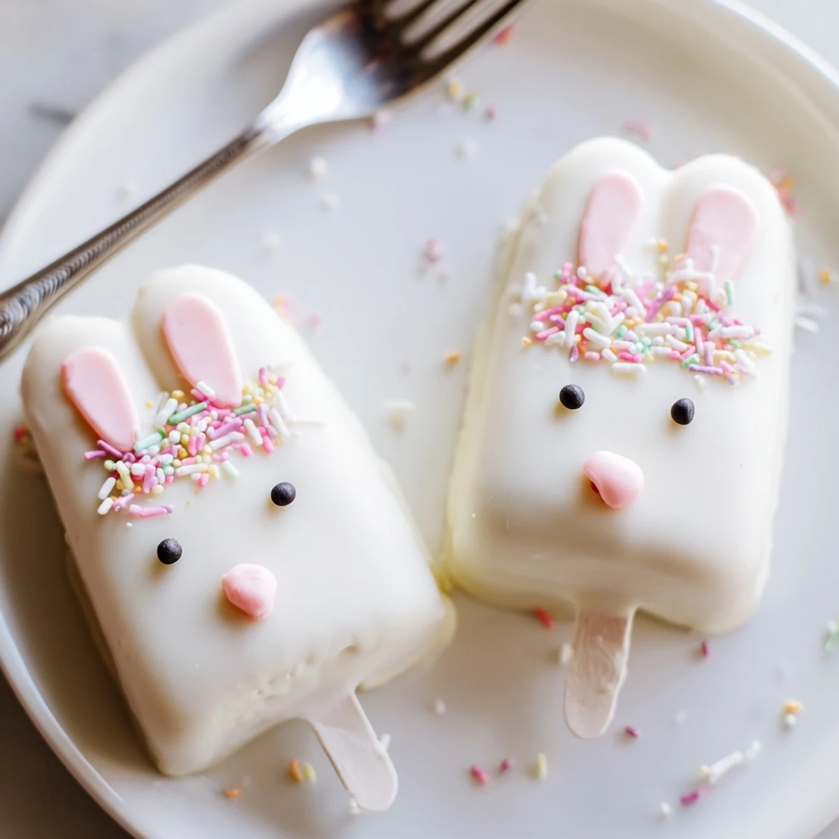 Creamy white chocolate bunny cakesicles decorated with sprinkles for festive Easter treats