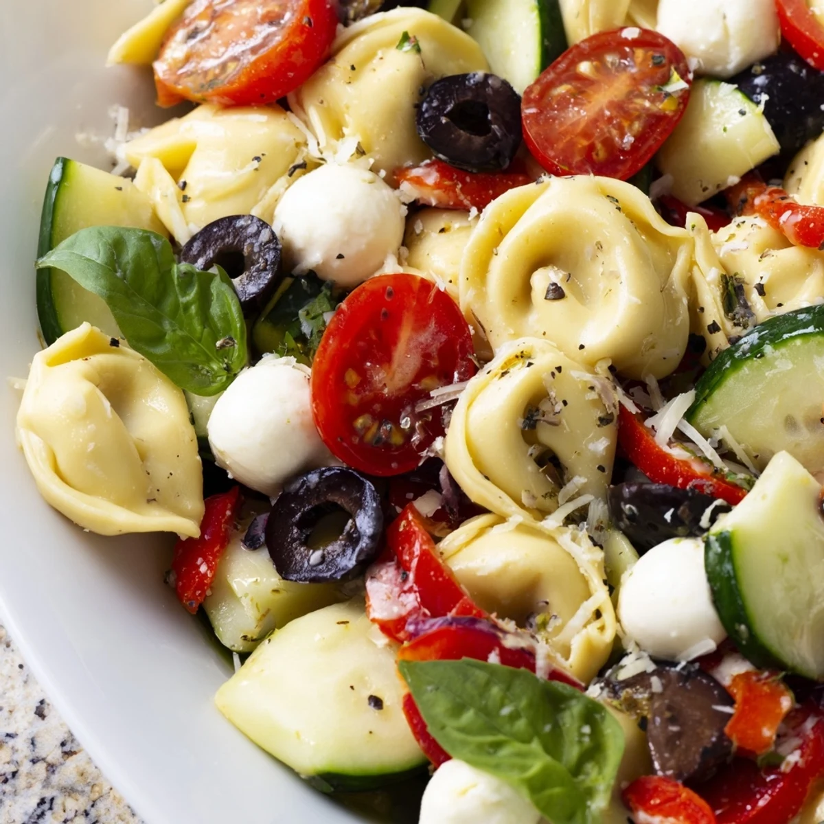 Colorful tortellini salad in a white bowl with cherry tomatoes, cucumber, and herbs