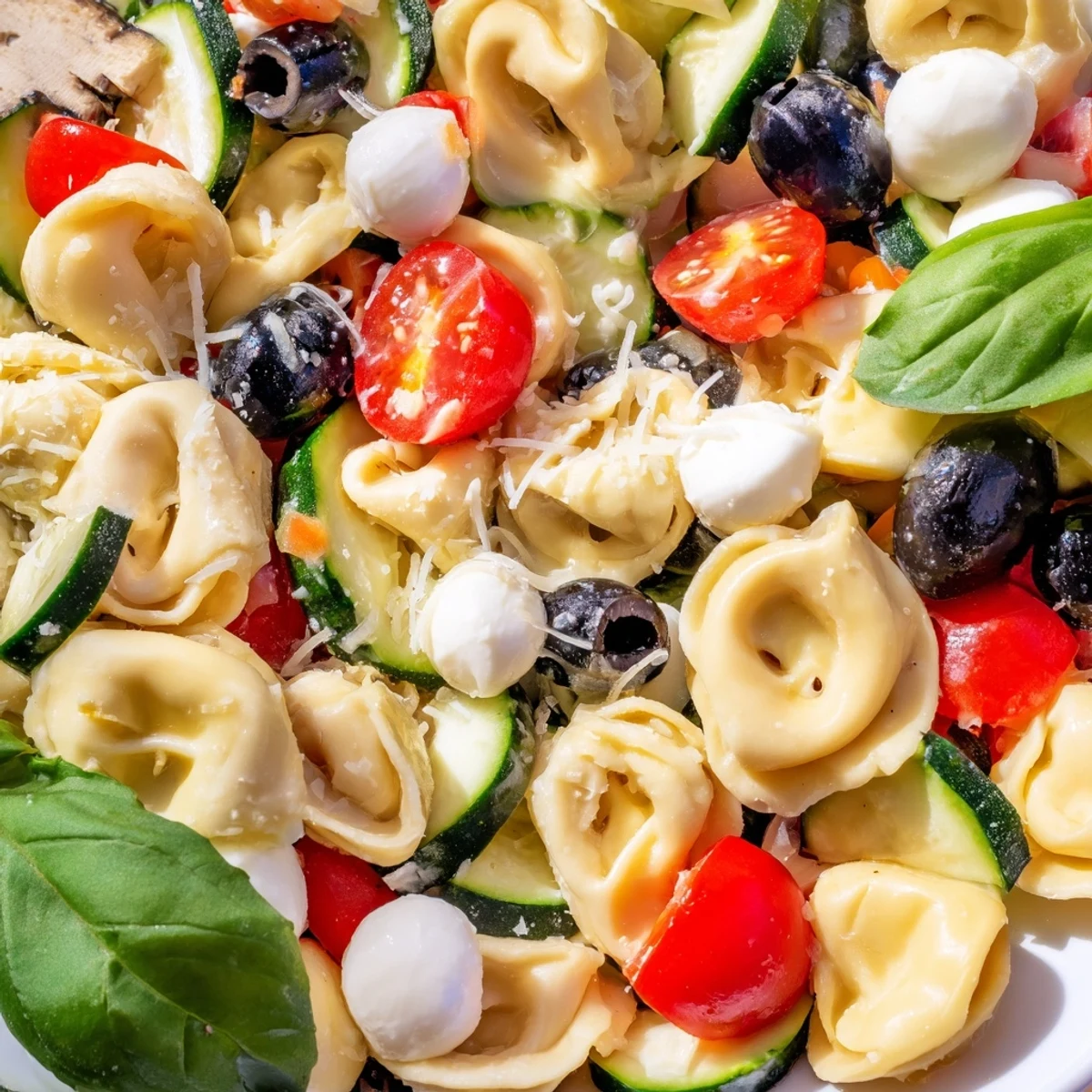 Cheese tortellini salad tossed with crisp vegetables and tangy Italian vinaigrette dressing