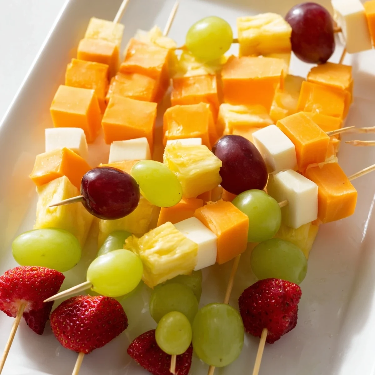 Colorful fruit and cheese kabobs arranged on a platter with grapes, strawberries, pineapple, and cheddar cubes