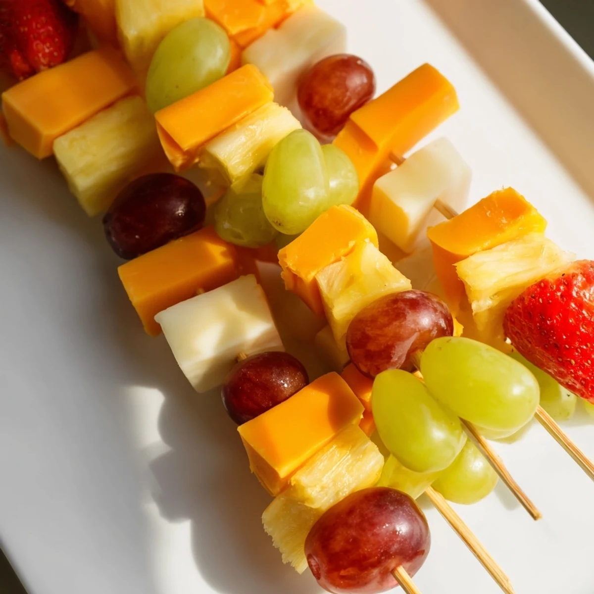 Fresh fruit and cheese kabobs featuring alternating cubes of creamy Monterey Jack and ripe red grapes