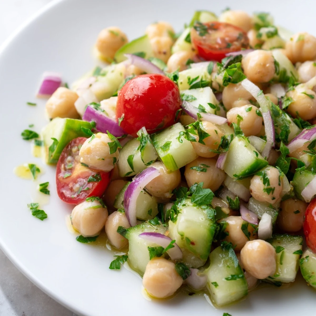 Chickpea cucumber salad in a white bowl with fresh herbs and lemon dressing