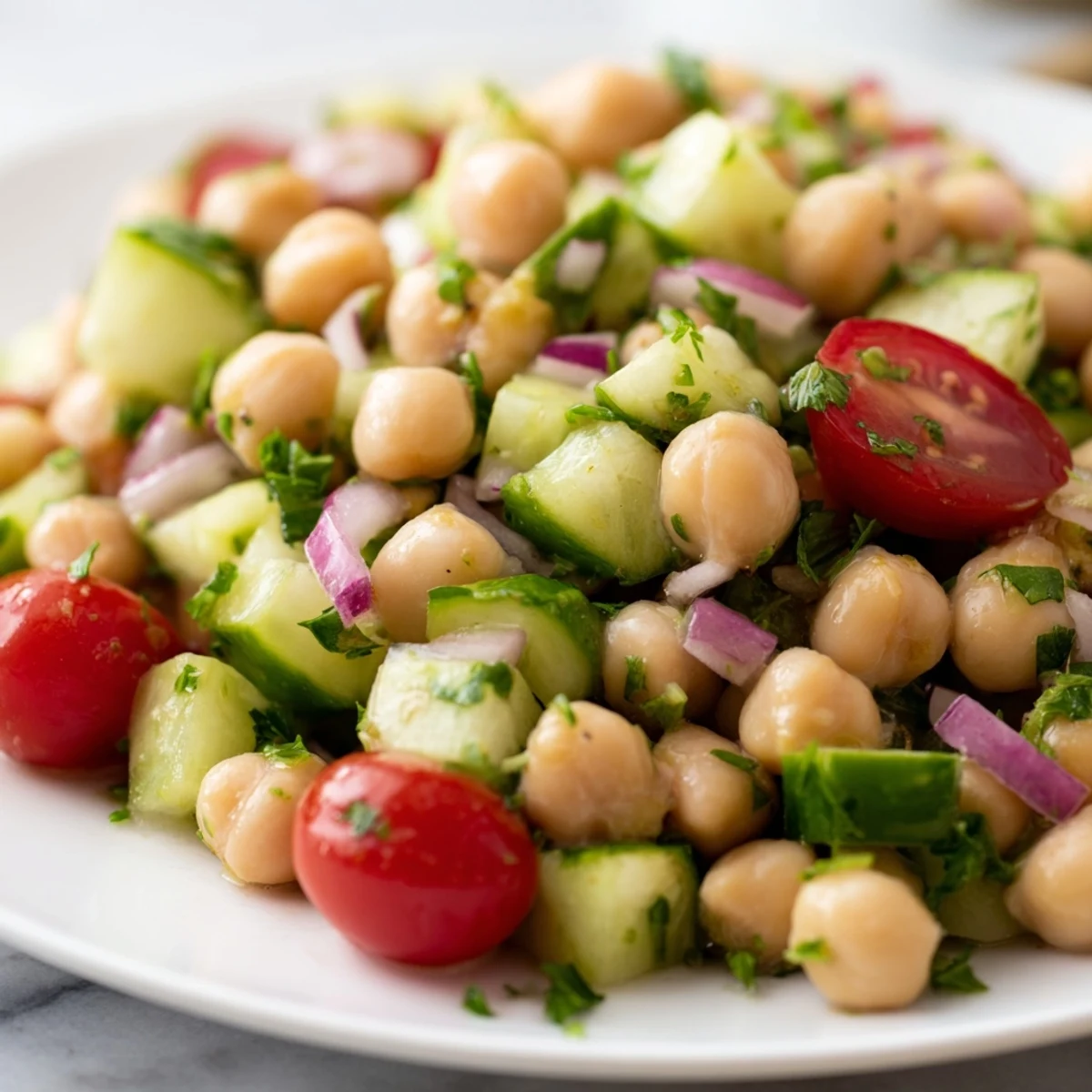 Crispy chickpea cucumber salad topped with cherry tomatoes and vibrant green parsley