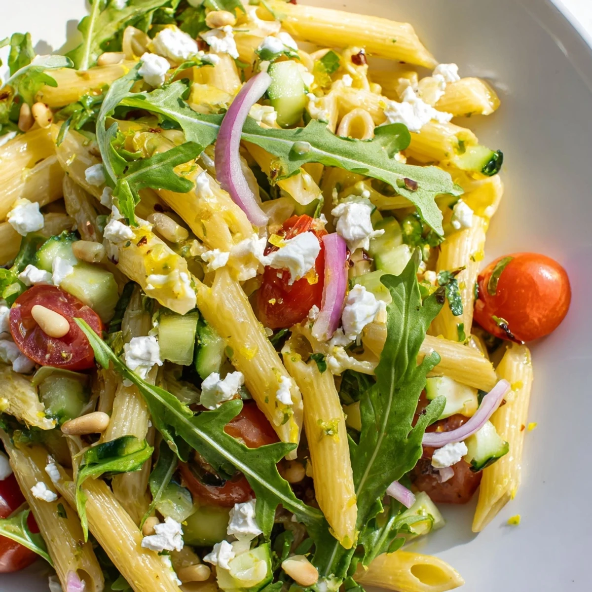 Quick Lemon Arugula Pasta Salad topped with crumbled feta cheese and toasted pine nuts