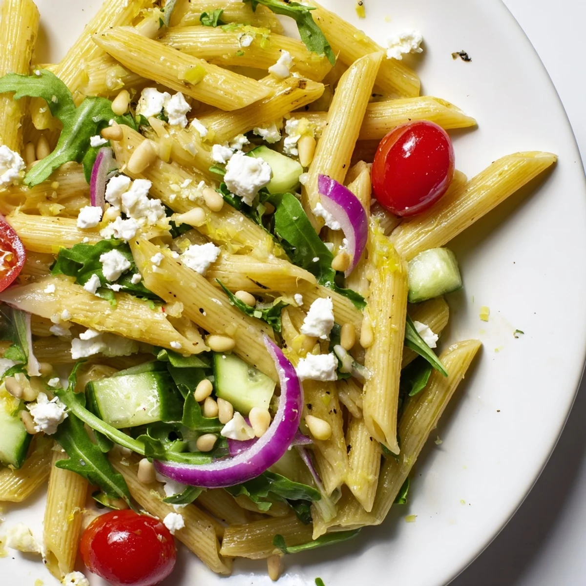 Vibrant Quick Lemon Arugula Pasta Salad served in a rustic bowl with cherry tomatoes