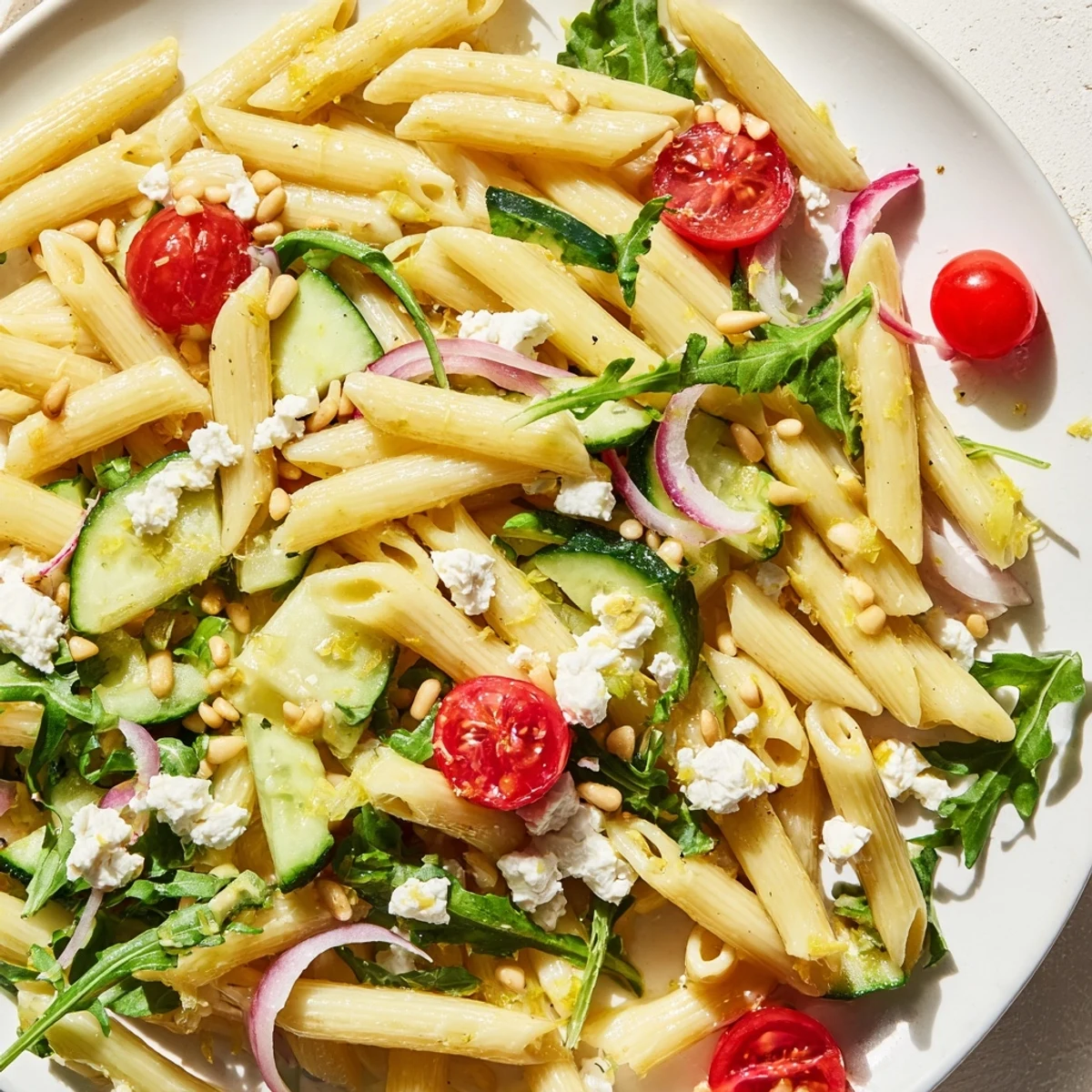 Zesty Quick Lemon Arugula Pasta Salad tossed with fresh greens and tangy lemon dressing