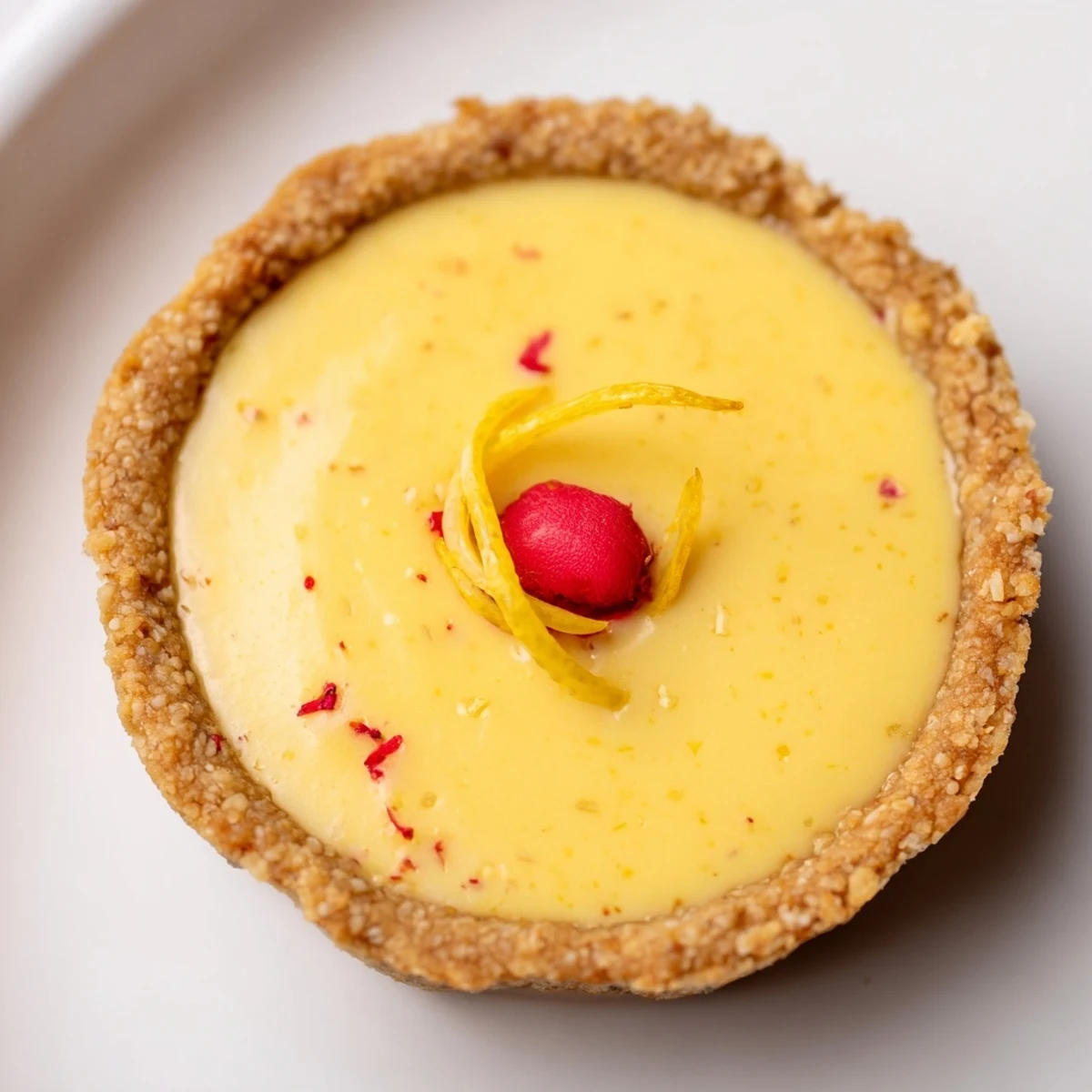 Creamy vegan lemon tarts in crisp almond crusts dusted with powdered sugar