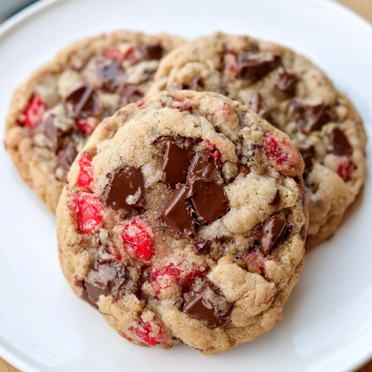 Soft maraschino cherry chocolate chip cookie with golden edges on a rustic baking sheet