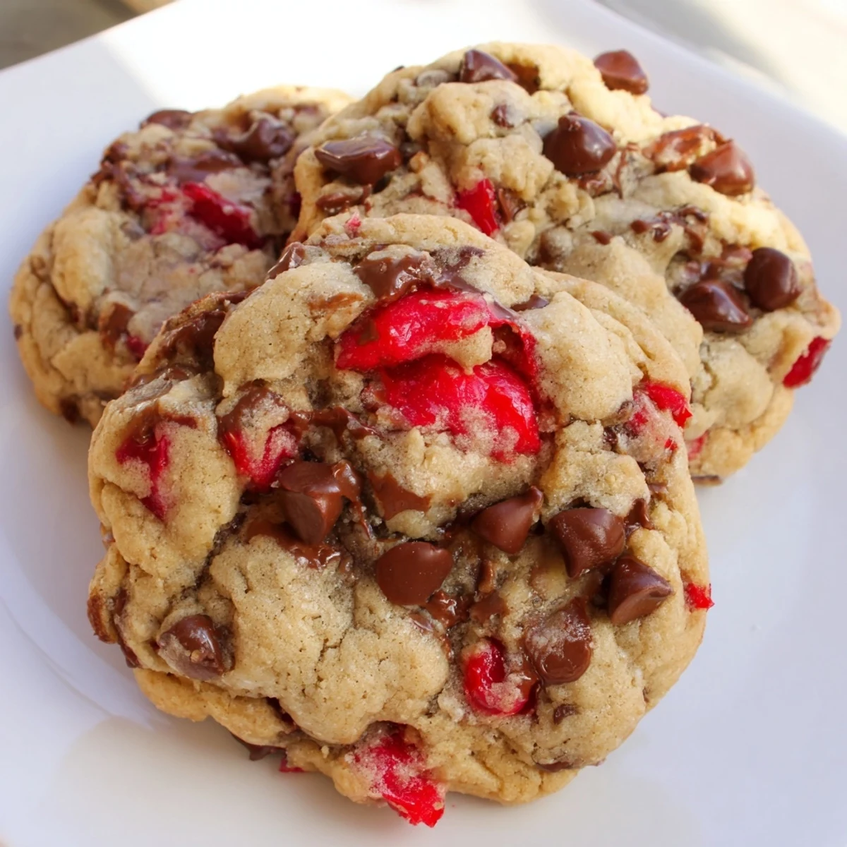 Chewy maraschino cherry chocolate chip cookie studded with bright red cherry chunks and melted chocolate