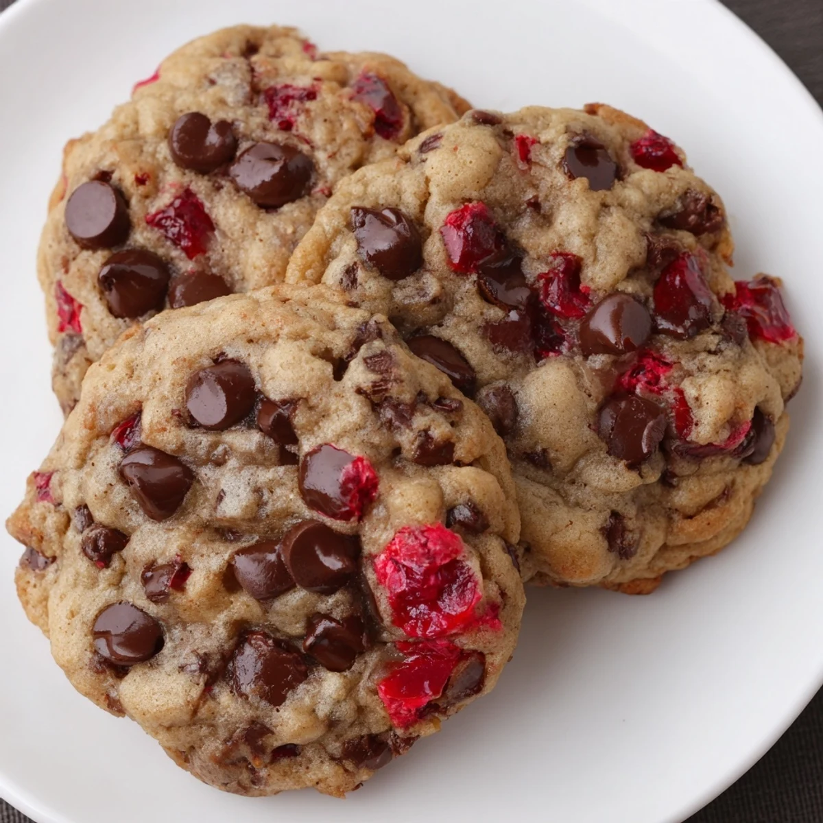 Freshly baked maraschino cherry chocolate chip cookie served warm on a decorative white plate