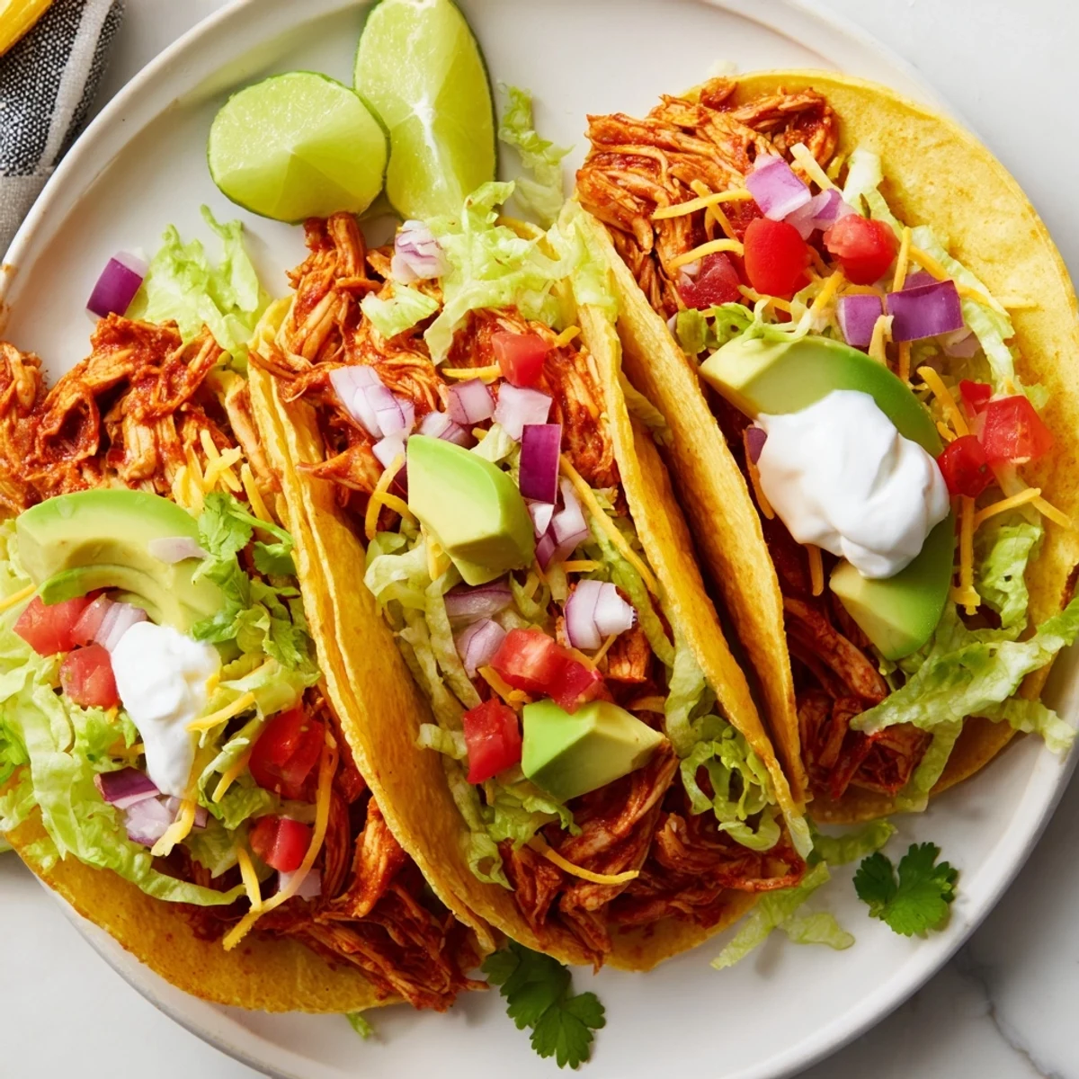 Crispy corn shells filled with tender slow cooker shredded chicken tacos and creamy avocado