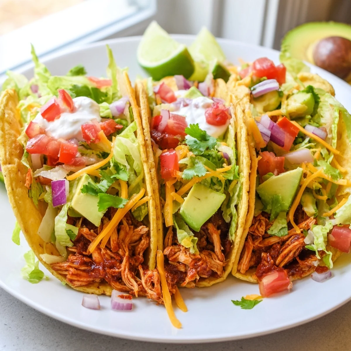 Warm slow cooker shredded chicken tacos loaded with salsa, sour cream, and crisp lettuce