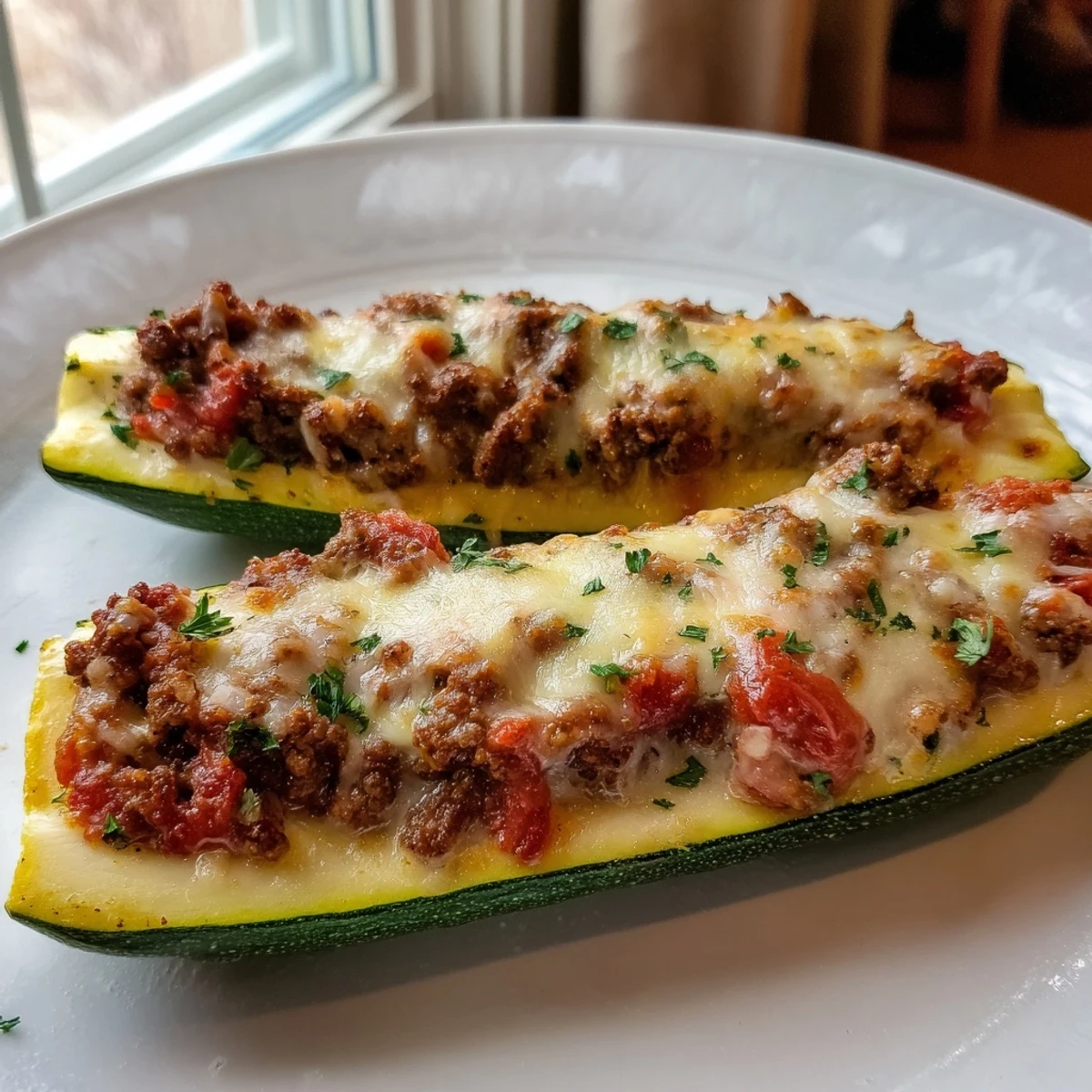 Golden cheesy stuffed zucchini boats with ground beef fresh from the oven