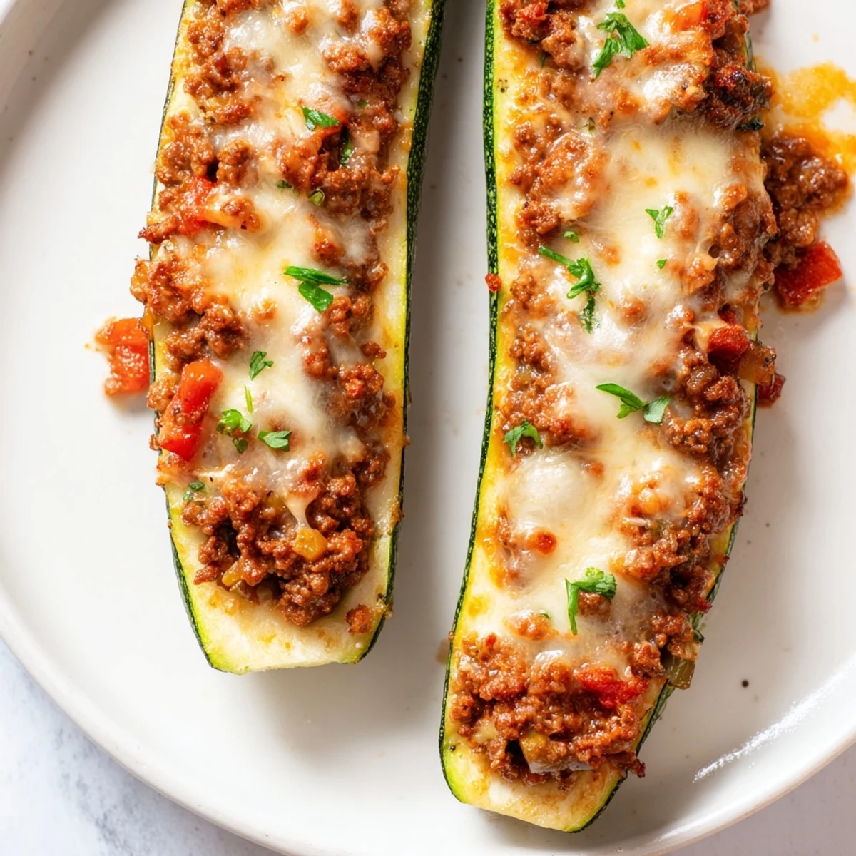 Savory ground beef stuffed zucchini boats topped with bubbling melted mozzarella cheese