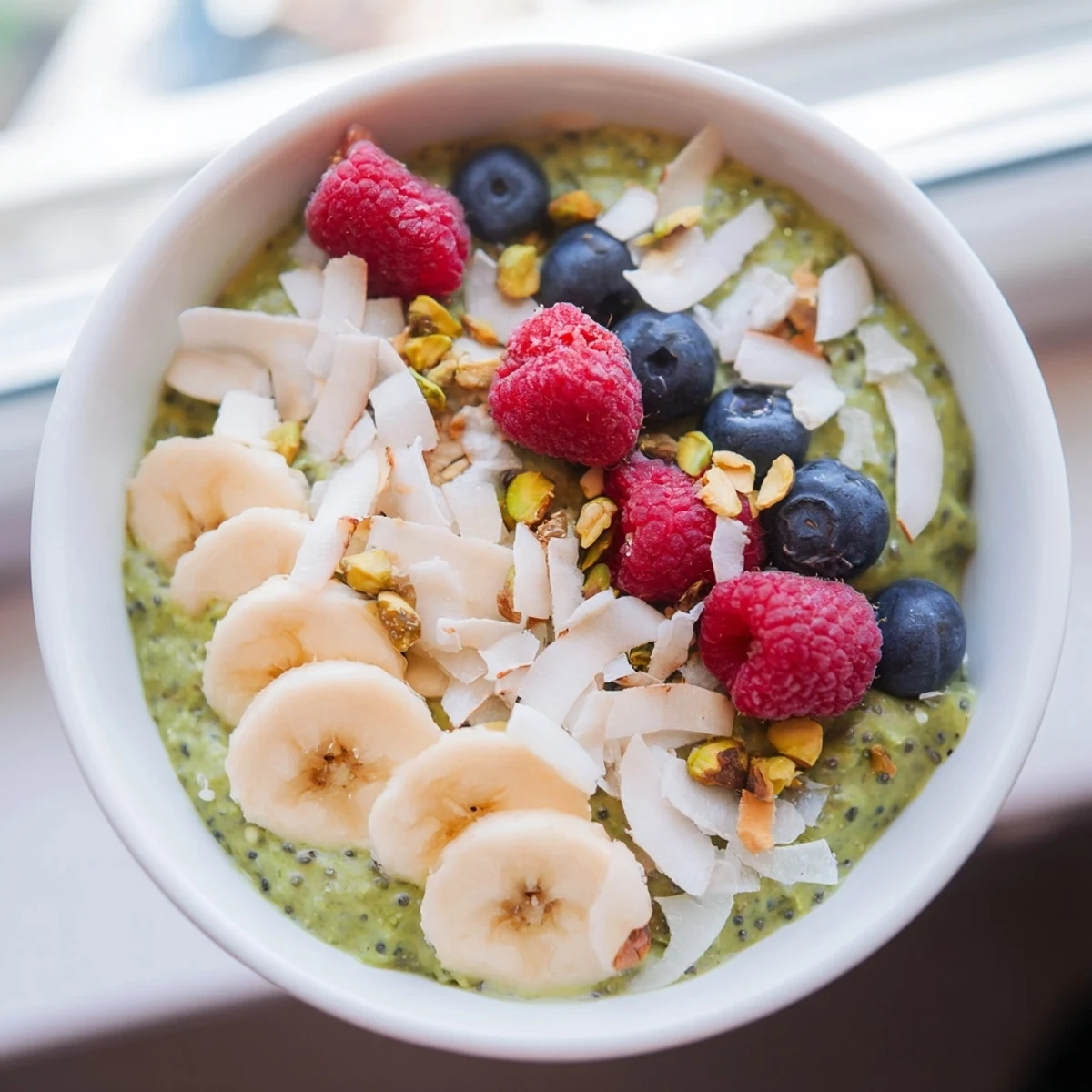 Creamy matcha overnight oats topped with fresh berries and toasted coconut