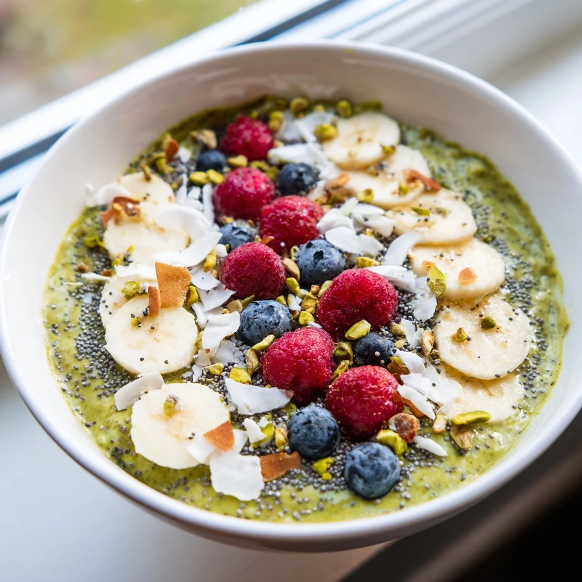 Vibrant green matcha overnight oats in a jar with sliced banana