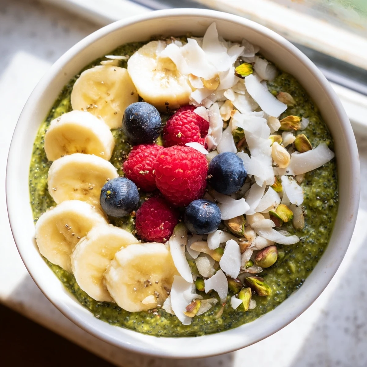 Smooth matcha overnight oats garnished with pistachios and a drizzle of honey