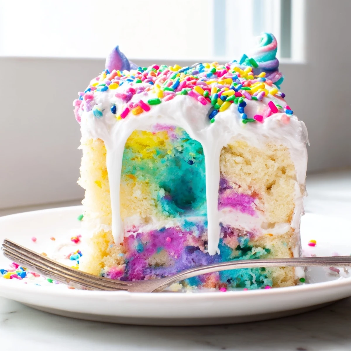 Colorful Unicorn Poke Cake with rainbow pudding swirls and fluffy whipped topping