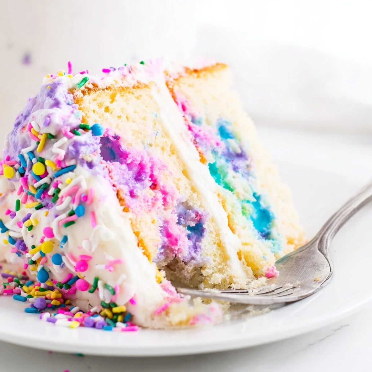 Unicorn Poke Cake sliced to reveal vibrant pink purple blue and yellow pudding