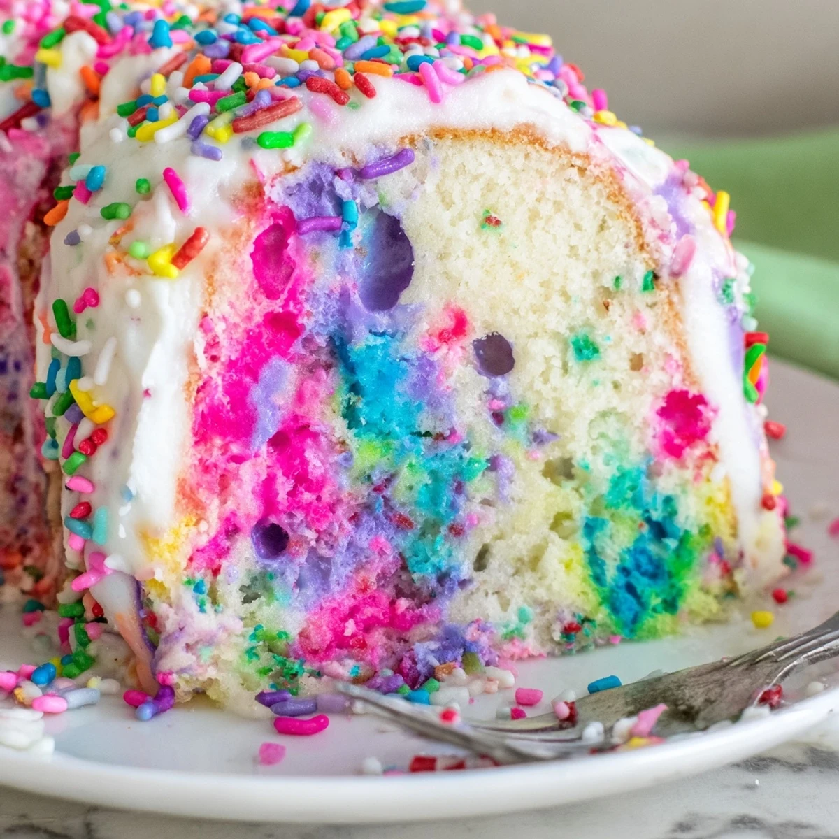 Festive Unicorn Poke Cake topped with sprinkles and creamy whipped frosting on plate