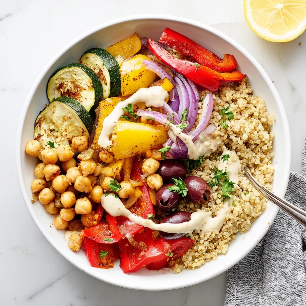 A cozy vegan Mediterranean roasted vegetables bowl featuring tender roasted vegetables, olives, and a zesty lemon tahini drizzle