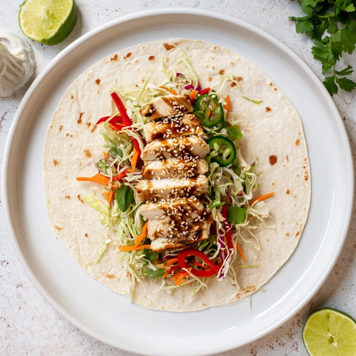 Juicy sliced chicken nestled in a soft tortilla with crunchy Thai chicken wraps with crunchy Asian slaw.