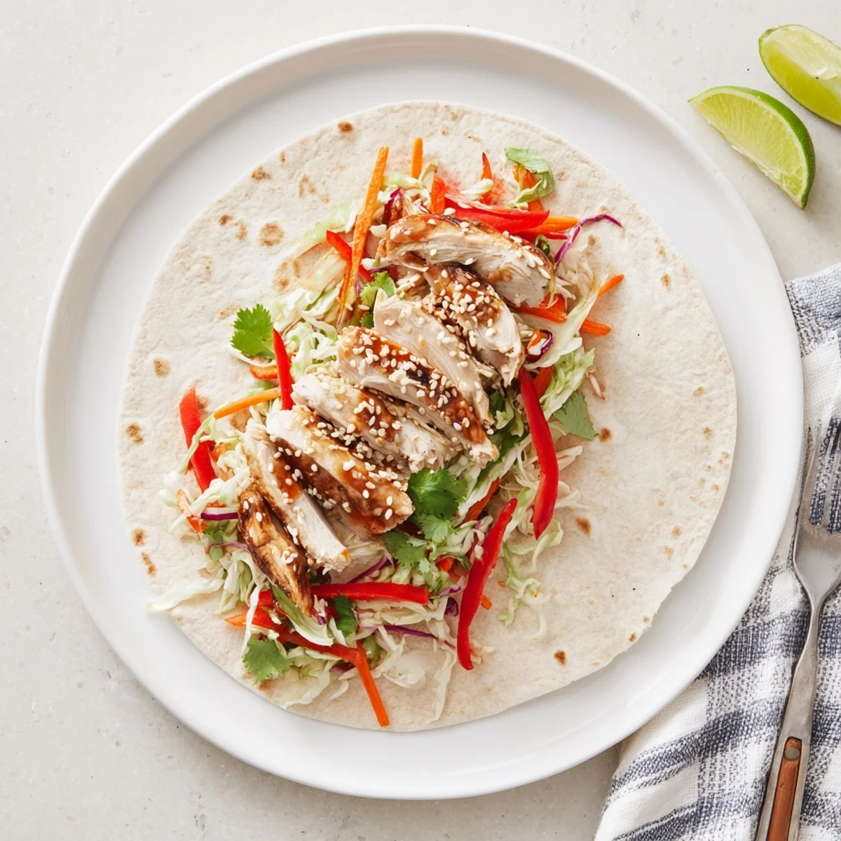 Golden grilled chicken strips folded into warm tortillas alongside vibrant Thai chicken wraps with crunchy Asian slaw.