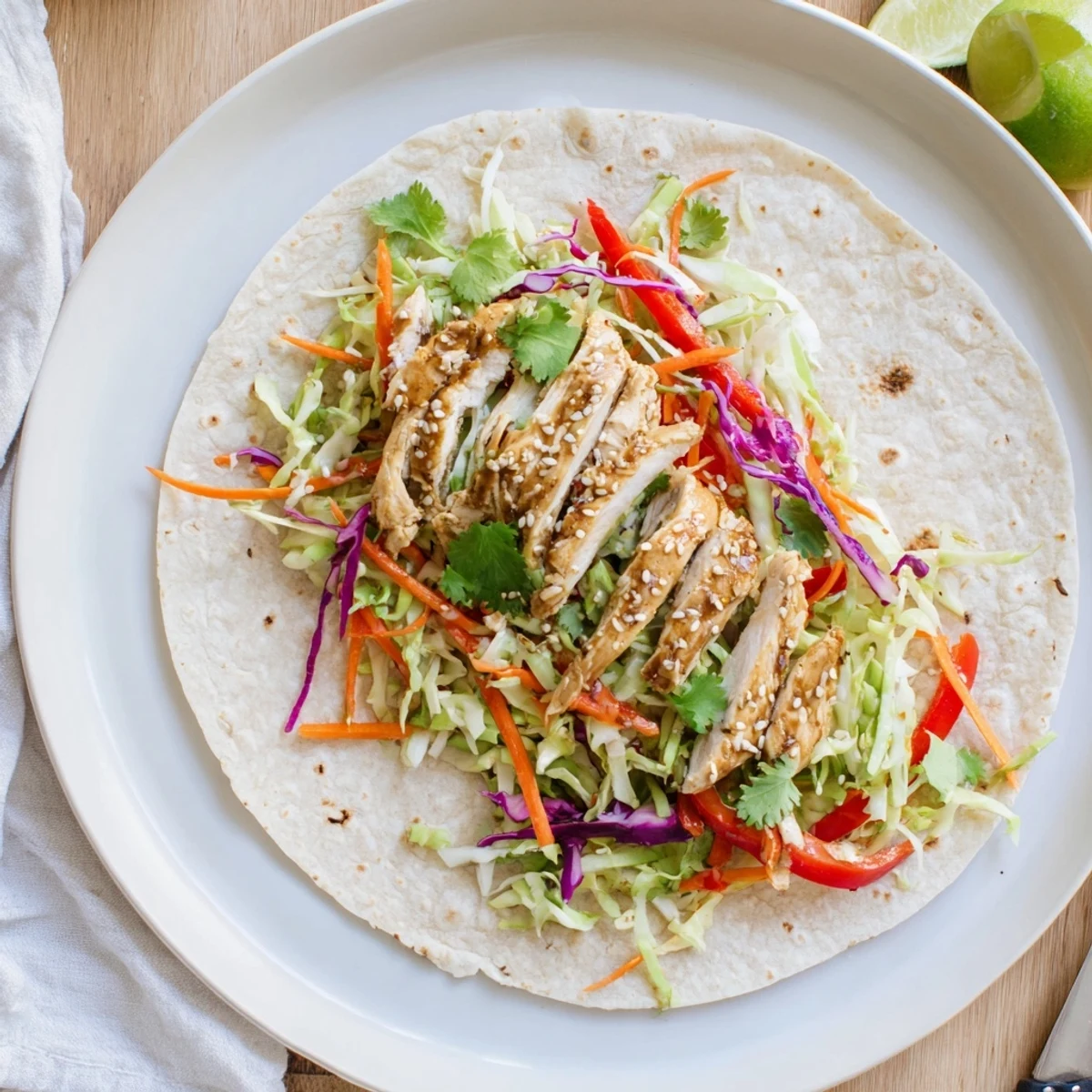 Tender marinated chicken piled high with colorful slaw inside these Thai chicken wraps with crunchy Asian slaw.