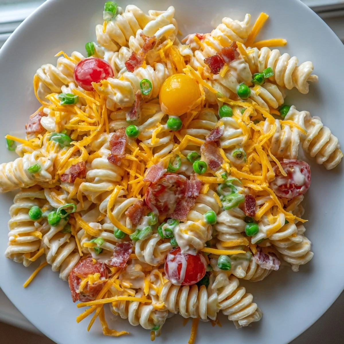 A creamy bowl of addictive crack pasta salad loaded with colorful veggies and crispy bacon bits