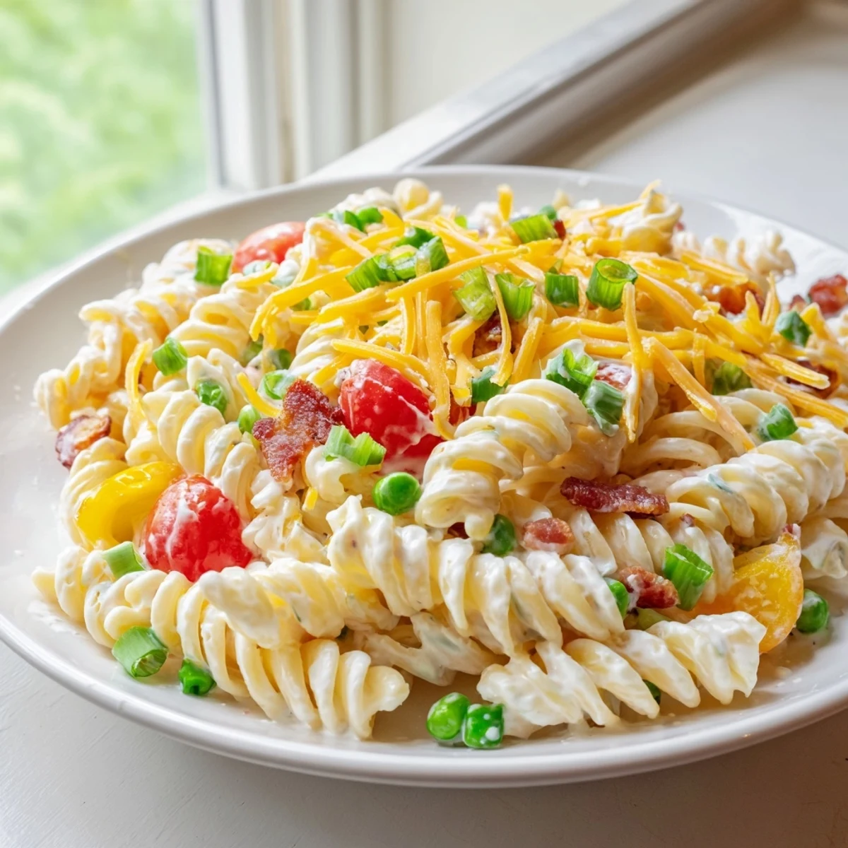 Chilled addictive crack pasta salad tossed in tangy ranch dressing with cheddar and cherry tomatoes