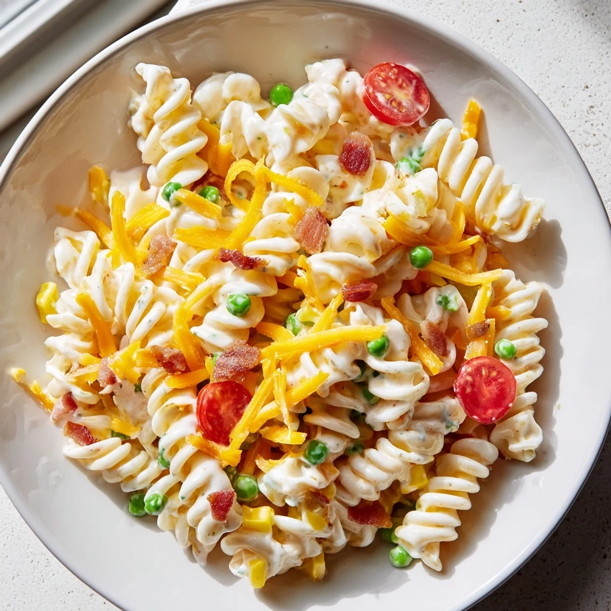 Scoop of vibrant addictive crack pasta salad sprinkled with green onions and shredded cheddar cheese