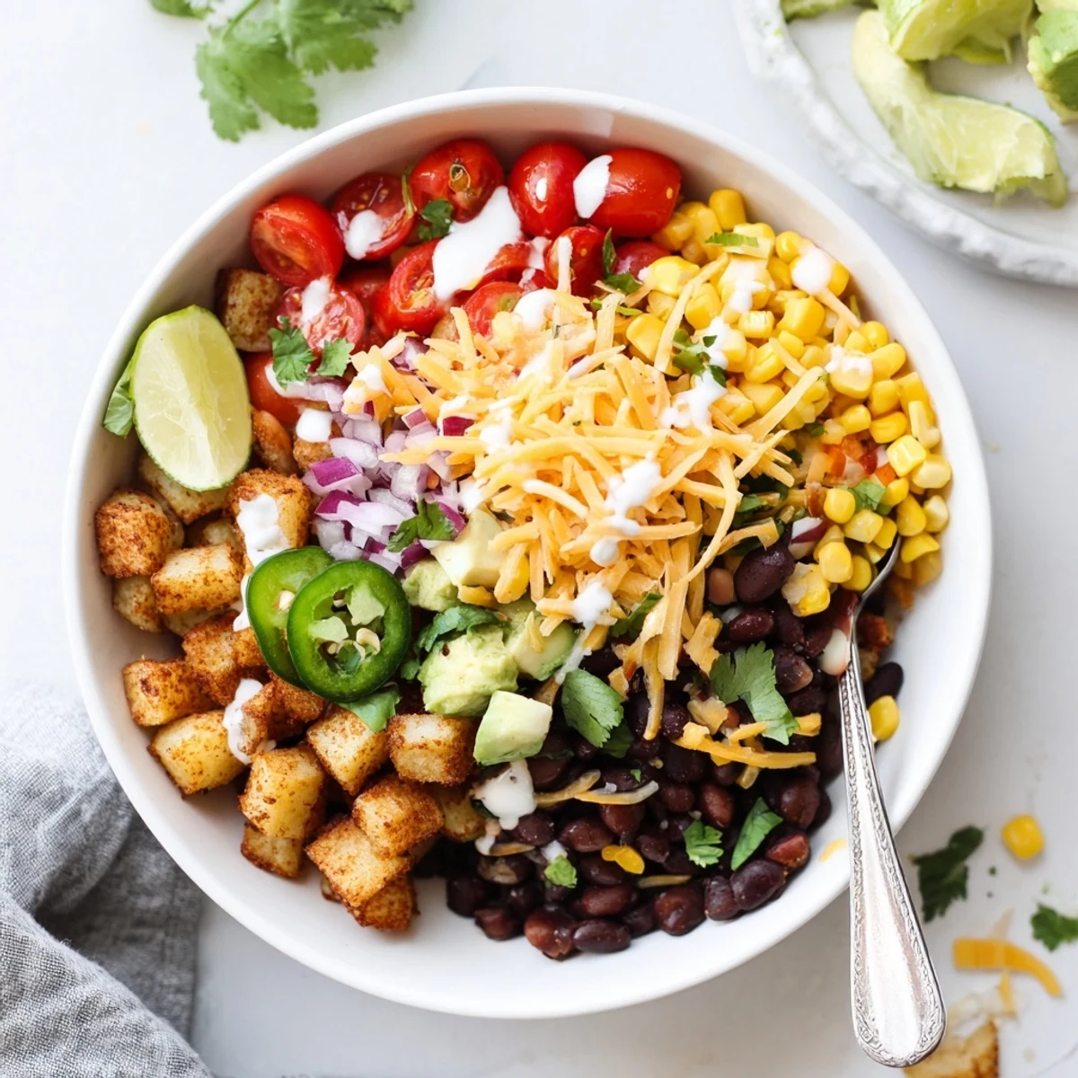Warm loaded fiesta potato bowl with black beans avocado and a lime squeeze