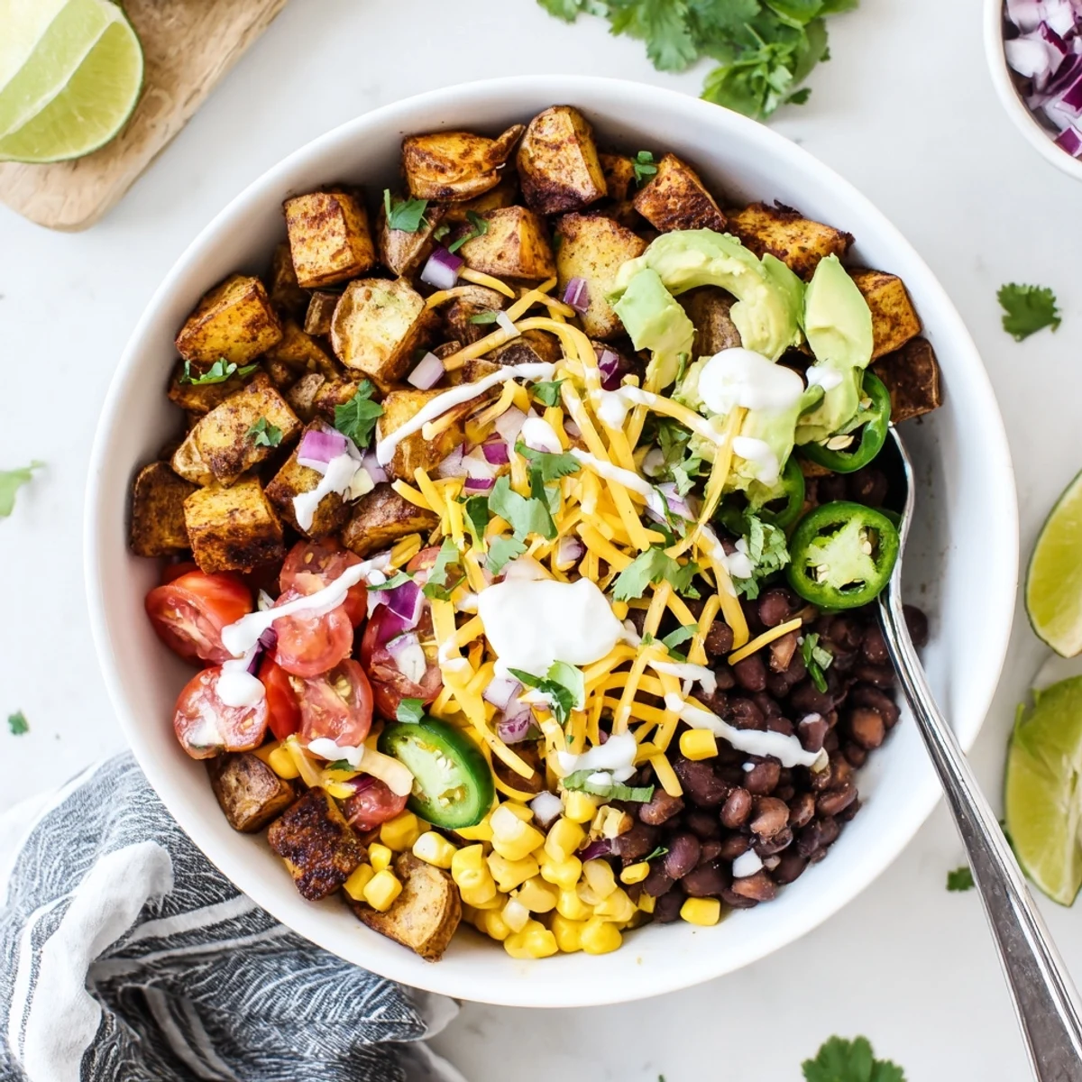 Golden crispy potatoes topped with melted cheddar in a loaded fiesta potato bowl