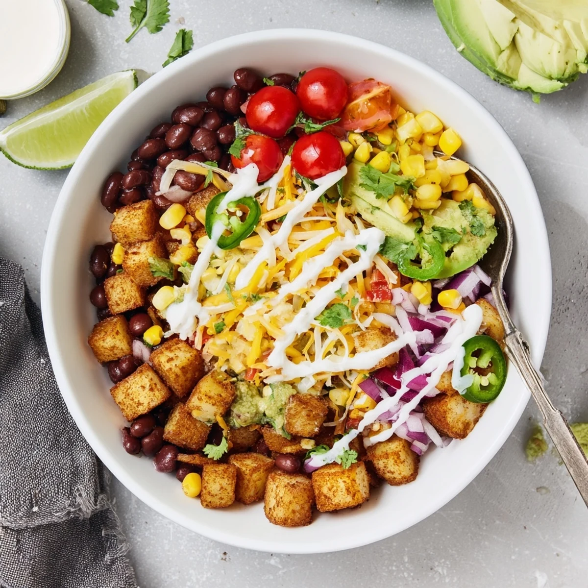Colorful loaded fiesta potato bowl served with sour cream diced tomatoes and jalapeños