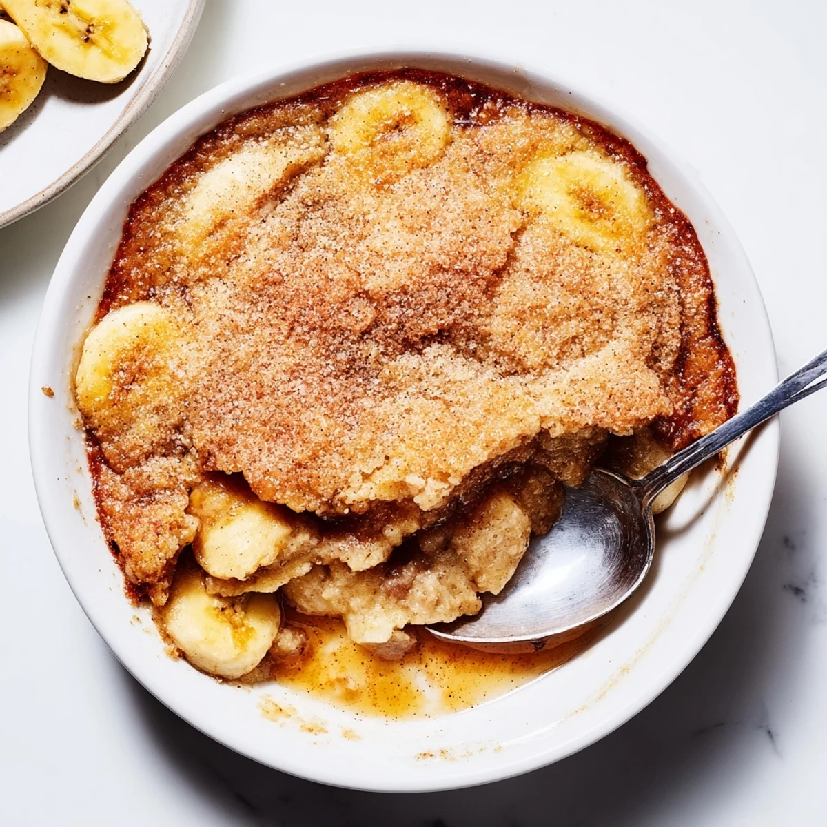 Golden Southern banana cobbler with bubbling cinnamon fruit beneath a buttery crust