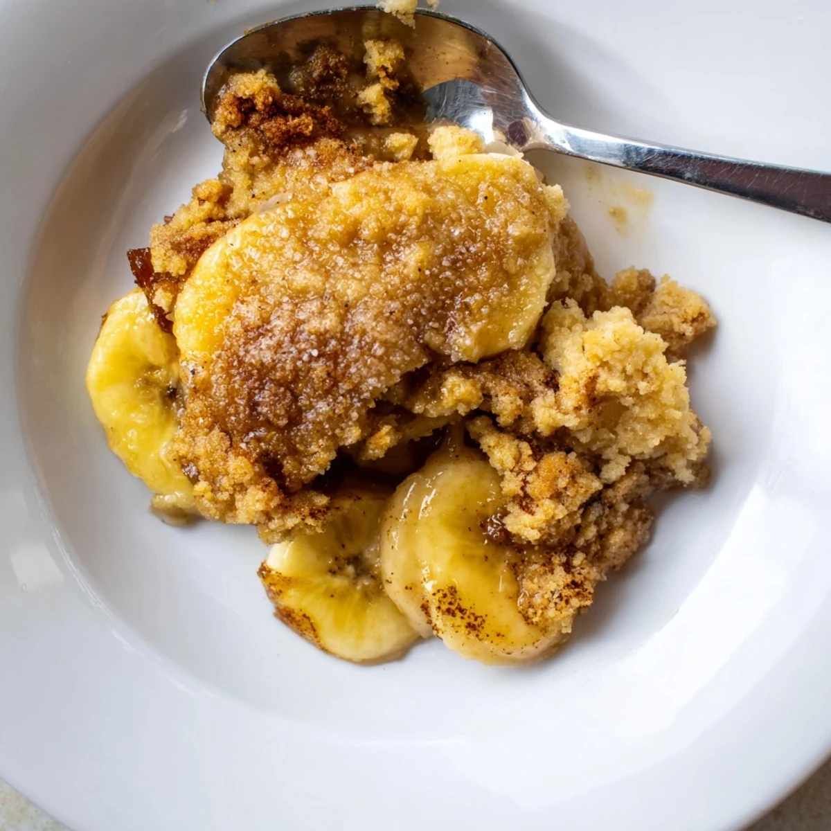 Warm Southern banana cobbler served in a dish with melted vanilla ice cream
