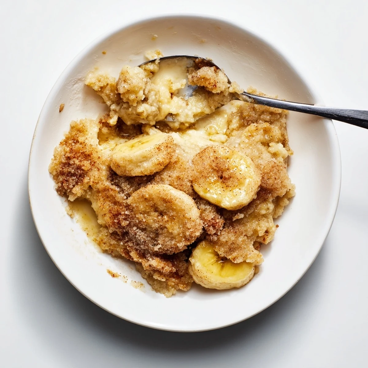 Southern banana cobbler fresh from the oven with a golden crunchy sugar topping