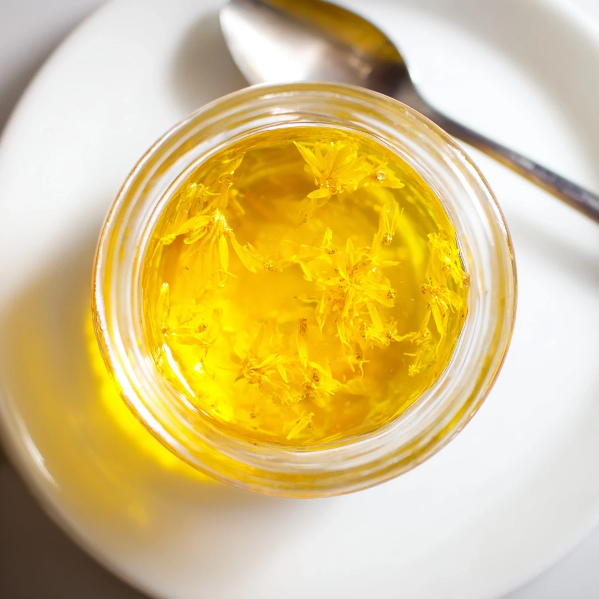 Golden homemade dandelion jelly spread on a toasted scone with soft cheese