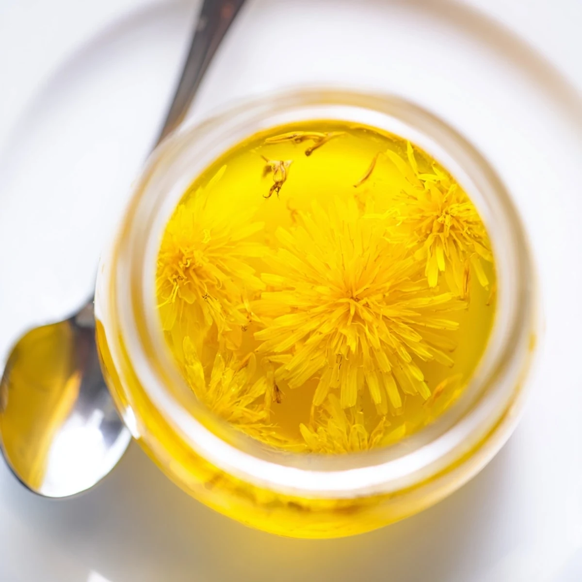 A jar of floral homemade dandelion jelly drizzled over creamy yogurt
