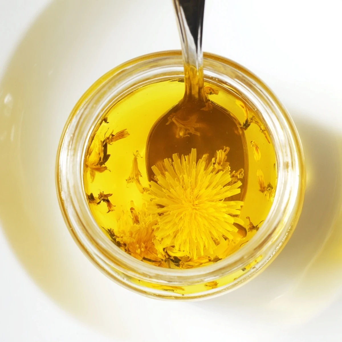 Warm dandelion jelly glistening in a sterilized jar beside fresh yellow petals